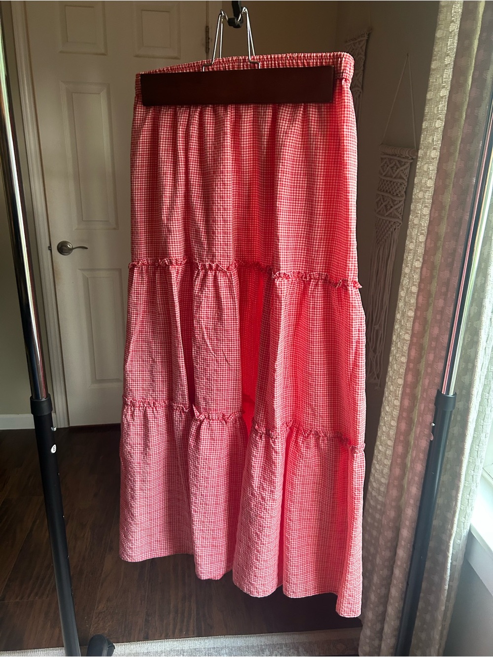 Max Studio Red Gingham Tiered Midi Skirt